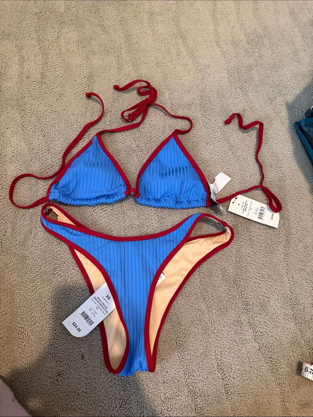 Cotton On Blue Ribbed Bikini with Red Trim. Medium adjustable top & Small bottom
